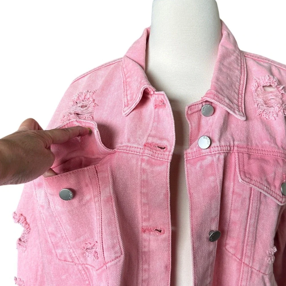 Cropped Pink Distressed Fringe Denim Jean Jacket L Western Cowgirl Festival